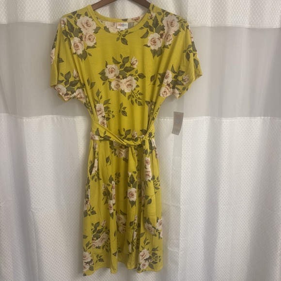 Lularoe Marley Dress Large NWT Yellow W Floral Print Tie Belt & Pockets LR113 - Picture 1 of 6